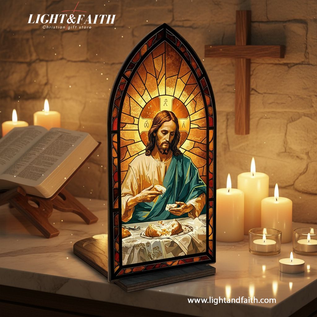 Christian Jesus Book Nook Decor, Last Supper LED Light, Stained Glass Window Style, Religious Home Altar Decoration, Faith Gift for Easter or Christmas BNLAF14